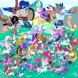 Size: 5000x5000 | Tagged: safe, artist:dragonpone, derpibooru import, idw, amethyst star, applejack, berry punch, berryshine, big macintosh, blossom delight, blossomforth, bon bon, bon bon (g1), button mash, carrot top, cheerilee, cloudchaser, coco pommel, coloratura, derpy hooves, dinky hooves, discord, doctor whooves, fashion plate, flitter, fluttershy, golden harvest, jasmine tea, king sombra, lily longsocks, limestone pie, lyra heartstrings, maud pie, minty bubblegum, minuette, moondancer, night glider, night light, nurse redheart, octavia melody, pinkie pie, prince blueblood, princess cadance, princess celestia, princess ember, princess flurry heart, princess luna, quiet gestures, rainbow dash, rarity, roseluck, ruby pinch, screwball, shining armor, spike, starlight glimmer, sunburst, sunflower spectacle, sunset shimmer, sunshine smiles, sweetie belle, sweetie drops, thorax, time turner, trixie, twilight sparkle, twilight sparkle (alicorn), twilight velvet, vinyl scratch, violet spark, zecora, alicorn, changedling, changeling, dragon, earth pony, pegasus, pony, unicorn, zebra, g1, spoiler:comic, spoiler:comic40, ..., :3, :<, absurd resolution, alcohol, alicorn pentarchy, angry, backwards ballcap, baseball cap, basket, belly button, blush sticker, blushing, book, boop, butt freckles, butthug, cap, cheek pinch, cheek squish, chest fluff, clothes, countess coloratura, cross-popping veins, cup, discoshy, doctorderpy, drinking, ear fluff, exclamation point, eyes closed, face down ass up, feather, female, floppy ears, flower, flying, food, freckles, g1 to g4, generation leap, glasses, hair over one eye, happy, hat, holding a pony, hug, impossibly large chest fluff, intertwined tails, jumping, king thorax, kissy face, lesbian, levitation, lidded eyes, looking at each other, looking at something, looking at you, looking back, looking up, lyrabon, magic, male, mane seven, mane six, messy mane, mime, mouth hold, music notes, older, older spike, one eye closed, open mouth, ponies riding ponies, prone, pronking, raised hoof, reading, reformed four, rock, scared, scarf, shipping, shrunken pupils, singing, smiling, spread wings, squishy cheeks, starry eyes, straight, sun, sunglasses, surprised, sweat, tail hug, talking, teacup, teenage spike, teenager, telekinesis, tongue out, tripping, unamused, upside down, walking, wall of tags, watermelon, wine, wine bottle, wingding eyes, winged spike, wings, worried