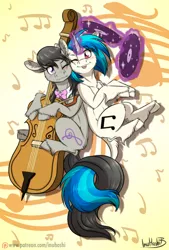 Size: 900x1334 | Tagged: safe, artist:inuhoshi-to-darkpen, derpibooru import, octavia melody, vinyl scratch, classical unicorn, earth pony, pony, unicorn, cello, cloven hooves, female, leonine tail, lesbian, levitation, magic, mare, musical instrument, one eye closed, record, scratchtavia, shipping, signature, telekinesis, tongue out, unshorn fetlocks, wink