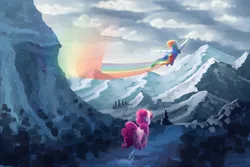 Size: 1200x800 | Tagged: safe, artist:kallarmo, derpibooru import, pinkie pie, rainbow dash, pony, female, flying, mare, mountain, pronking, rainbow trail, scenery, scenery porn