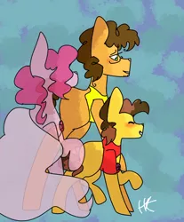 Size: 1000x1207 | Tagged: safe, artist:healingstreet, derpibooru import, cheese sandwich, pinkie pie, oc, oc:chocolate cheesecake, pony, kindverse, cheesepie, clothes, crossover, female, greg universe, male, offspring, parent:cheese sandwich, parent:pinkie pie, parents:cheesepie, rose quartz (steven universe), shipping, steven universe, straight