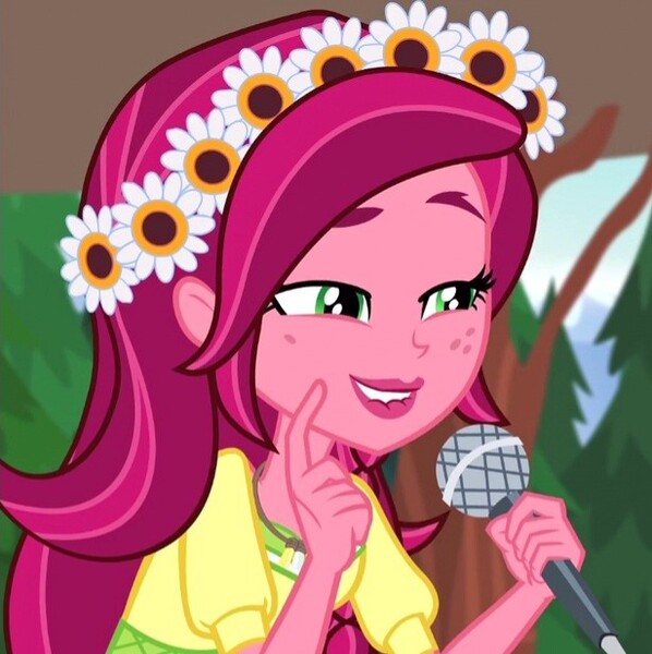 Size: 615x617 | Tagged: safe, derpibooru import, screencap, gloriosa daisy, equestria girls, legend of everfree, cropped, female, lidded eyes, lip bite, magical geodes, microphone, solo