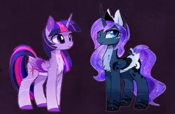 Size: 1881x1230 | Tagged: safe, artist:magnaluna, derpibooru import, princess luna, twilight sparkle, twilight sparkle (alicorn), alicorn, pony, alternate design, cheek fluff, chest fluff, colored wings, colored wingtips, crown, curved horn, duo, ear fluff, female, fluffy, galaxy mane, horn, jewelry, leg fluff, looking at you, mare, purple background, regalia, simple background, smiling, swirly markings, wing fluff, wingding eyes