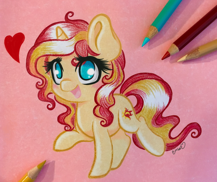 Size: 3548x2979 | Tagged: safe, artist:emberslament, derpibooru import, sunset shimmer, pony, unicorn, chibi, colored pencil drawing, colored pencils, cute, female, heart, mare, photo, shimmerbetes, smiling, solo, traditional art