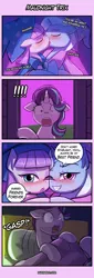 Size: 400x1180 | Tagged: suggestive, artist:lumineko, derpibooru import, maud pie, starlight glimmer, trixie, earth pony, pony, unicorn, rock solid friendship, 4koma, bed, blanket, blushing, cape, clothes, comic, cuckquean, dialogue, dream, drool, drool string, exclamation point, eyes closed, female, floppy ears, friendzone, gasp, hat, kissing, lesbian, looking at you, mauxie, nightmare, one eye closed, open mouth, pillow, shipping, shrunken pupils, sloppy kissing, smiling, smirk, starlight's room, teary eyes, trixie's cape, trixie's hat