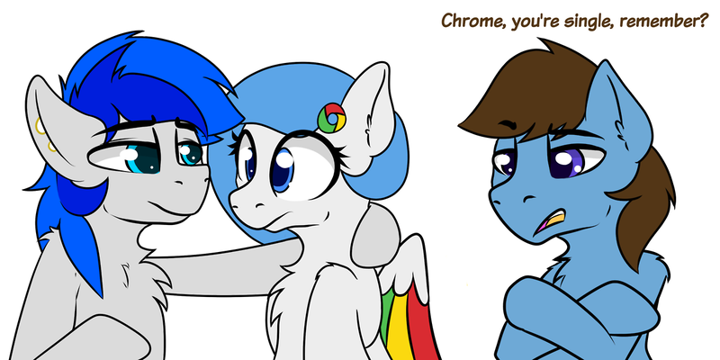 Size: 1280x640 | Tagged: safe, artist:10art1, derpibooru import, oc, oc:google chrome, oc:tenar tone, oc:turquoise, unofficial characters only, pony, bipedal, browser ponies, chest fluff, crossed hooves, ear fluff, ear piercing, gauges, google chrome, open mouth, piercing, simple background, white background