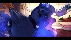 Size: 1920x1080 | Tagged: safe, artist:patch, derpibooru import, princess luna, alicorn, pony, a royal problem, bags under eyes, belly, constellation, cravings, eating, explicit source, female, food, fruit, letterboxing, mare, pineapple, pregluna, pregnant, scene interpretation, solo, tired