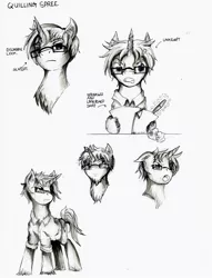 Size: 780x1019 | Tagged: safe, artist:dreamingnoctis, derpibooru import, oc, oc:quilling spree, unofficial characters only, pony, unicorn, angry, concept art, contempt, glasses, male, monochrome, pen, reference sheet, simple background, sketch, sketch dump, smug, stallion, white background, yelling