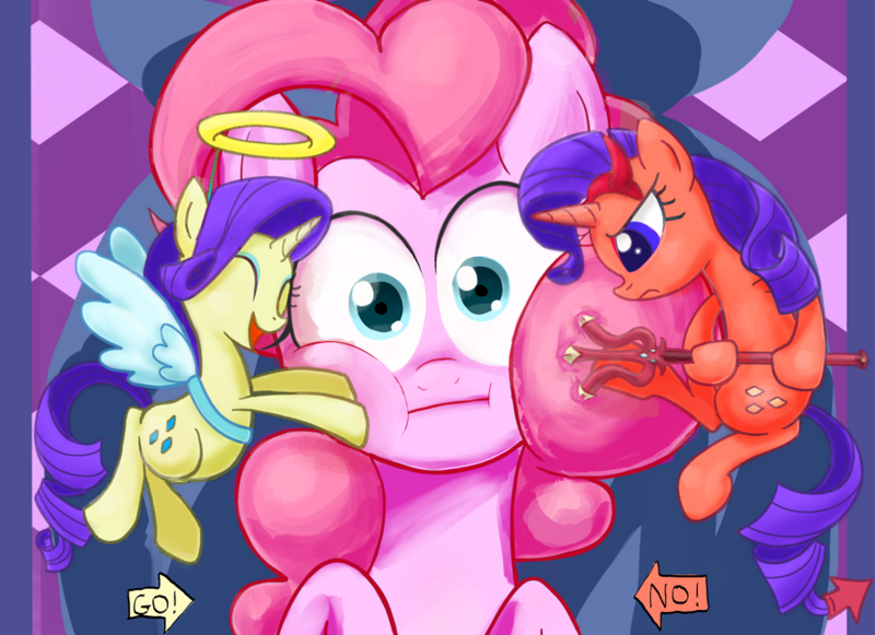 Size: 987x717 | Tagged: safe, artist:noupu, derpibooru import, pinkie pie, rarity, pony, the saddle row review, :i, angel rarity, cheek squish, devil rarity, duality, looking at you, shoulder angel, shoulder devil, squishy cheeks