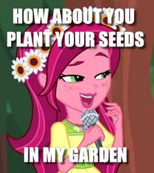 Size: 342x384 | Tagged: suggestive, derpibooru import, edit, edited screencap, screencap, gloriosa daisy, equestria girls, legend of everfree, cropped, flirting, image macro, innuendo, meme, solo