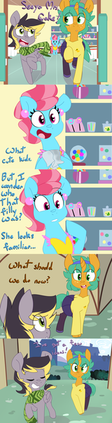 Size: 2000x7500 | Tagged: safe, artist:kryptchild, derpibooru import, cup cake, snails, oc, oc:aero, pegasus, pony, ask glitter shell, comic:when aero met glitter, absurd resolution, aeroshell, alternate hairstyle, apron, canon x oc, clothes, colt, comic, crossdressing, date, gay, glitter shell, headband, hoodie, male, offspring, pantyhose, parent:derpy hooves, parent:oc:warden, parents:canon x oc, parents:warderp, scarf, shipping, skirt, sugarcube corner, tumblr