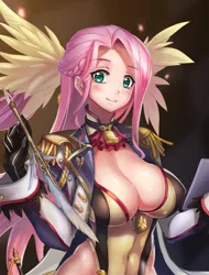 Size: 760x1000 | Tagged: absolute cleavage, adorasexy, artist:philan, big breasts, blushing, breasts, busty fluttershy, cleavage, clothes, cute, derpibooru import, female, fluttershy, gloves, human, humanized, leotard, looking at you, pixiv, sexy, smiling, solo, solo female, stupid sexy fluttershy, suggestive