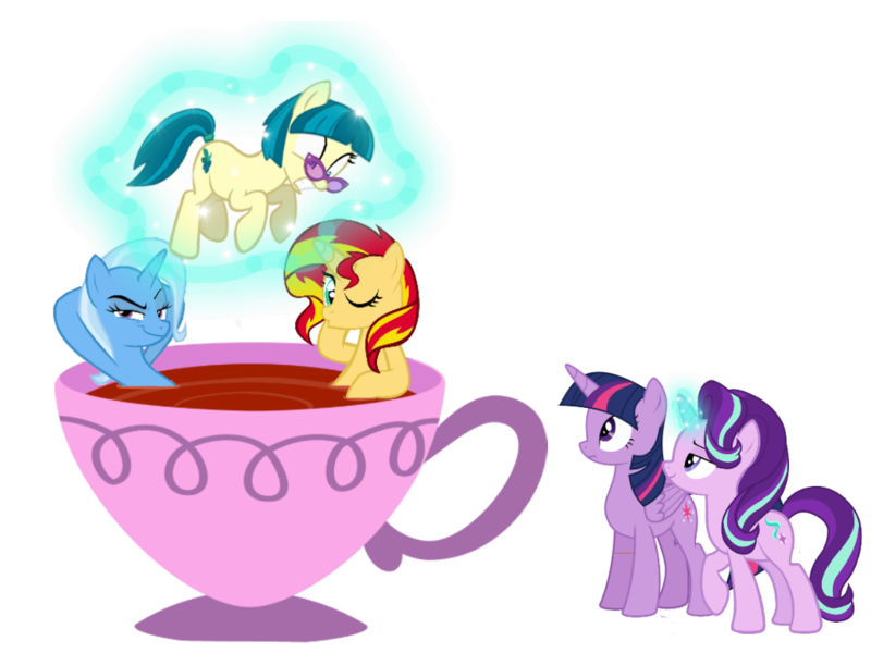 Size: 1024x768 | Tagged: safe, artist:trini-mite, derpibooru import, juniper montage, starlight glimmer, sunset shimmer, trixie, twilight sparkle, twilight sparkle (alicorn), ponified, alicorn, pony, unicorn, equestria girls, movie magic, spoiler:eqg specials, counterparts, cup, cup of pony, equestria girls ponified, food, funny, hot tub, magic, micro, simple background, smug, smuglight glimmer, tea, teacup, that pony sure does love teacups, transparent background, twilight's counterparts, vector, welcome home twilight