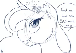 Size: 1000x700 | Tagged: safe, artist:goat train, deleted from derpibooru, derpibooru import, princess luna, oc, oc:goatmod, goat, pony, dialogue, giant pony, macro, monochrome, size difference, sketch