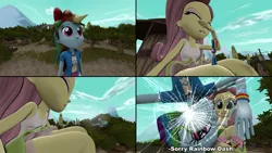 Size: 6058x3415 | Tagged: safe, artist:shrunkenlover, derpibooru import, fluttershy, rainbow dash, equestria girls, 3d, absurd resolution, breaking the fourth wall, eyeshadow, fetish, giantess, macro, makeup, micro, pre sneeze, sitting, size difference, sneezing, sneezing fetish, source filmmaker