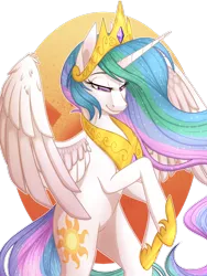 Size: 1024x1365 | Tagged: safe, artist:theanthropony, derpibooru import, princess celestia, alicorn, pony, collaboration, colored pupils, crown, female, jewelry, lidded eyes, mare, regalia, simple background, smiling, solo, transparent background