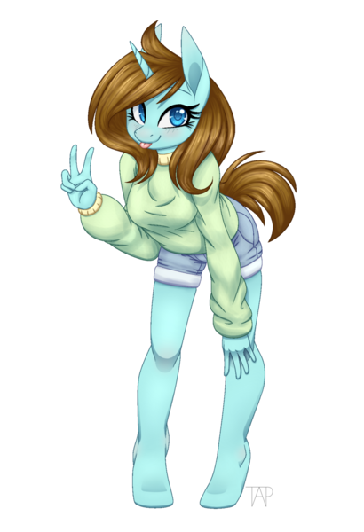 Size: 1024x1499 | Tagged: safe, artist:theanthropony, derpibooru import, oc, oc:hope, unofficial characters only, anthro, unguligrade anthro, unicorn, anthro oc, clothes, cute, daisy dukes, female, looking at you, mare, ocbetes, peace sign, shorts, simple background, smiling, solo, sweater, tongue out, transparent background