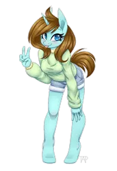 Size: 1024x1499 | Tagged: safe, artist:theanthropony, derpibooru import, oc, oc:hope, unofficial characters only, anthro, unguligrade anthro, unicorn, anthro oc, clothes, cute, daisy dukes, female, looking at you, mare, ocbetes, peace sign, shorts, simple background, smiling, solo, sweater, tongue out, transparent background