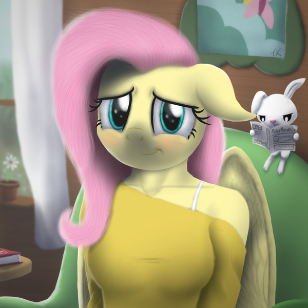 Size: 2500x2500 | Tagged: angel bunny, anthro, artist:facelesssoles, book, clothes, derpibooru import, female, flower, fluttershy, mare, newspaper, pegasus, reading, safe, sitting, table