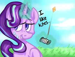 Size: 1024x783 | Tagged: safe, artist:derpz-i-guess, derpibooru import, starlight glimmer, pony, unicorn, cloud, dialogue, kite, kite flying, levitation, lidded eyes, magic, sky, smiling, solo, sweat, telekinesis, that pony sure does love kites