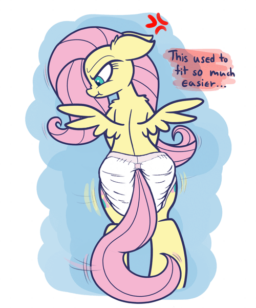 Size: 1000x1200 | Tagged: questionable, artist:bellspurgebells, derpibooru import, edit, editor:hodgepodgedl, fluttershy, pegasus, pony, animated, annoyed, bipedal, both cutie marks, clothes, cross-popping veins, diaper, diaper edit, diaper fetish, diapershy, female, fetish, floppy ears, flutterbutt, gif, hip sway, mare, nose wrinkle, plot, solo, solo female, spread wings, tsundere, wings