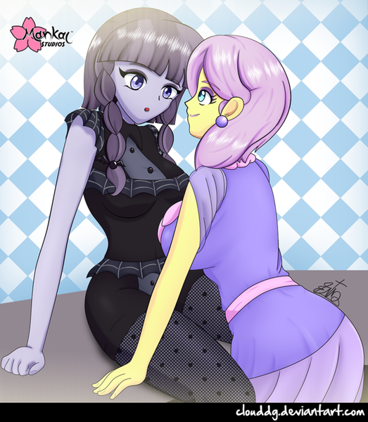 Size: 871x1000 | Tagged: safe, artist:clouddg, derpibooru import, inky rose, lily lace, equestria girls, honest apple, busty inky rose, busty lily lace, clothes, equestria girls-ified, female, inky lace, lesbian, looking at each other, shipping, smiling