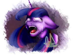 Size: 1280x960 | Tagged: semi-grimdark, artist:paintcoloryt, derpibooru import, twilight sparkle, alicorn, pony, abstract background, bust, crying, ear fluff, female, floppy ears, fluffy, mare, open mouth, portrait, screaming, shrunken pupils, signature, solo, watermark