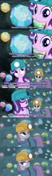 Size: 854x2880 | Tagged: safe, derpibooru import, edit, screencap, maud pie, starlight glimmer, pony, rock solid friendship, cave, discovery family logo, gem, gem cave, helmet, mining helmet, reflection, screencap comic, smiling, when she smiles