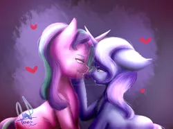 Size: 1280x950 | Tagged: safe, artist:paintcoloryt, derpibooru import, starlight glimmer, trixie, pony, unicorn, abstract background, bedroom eyes, chest fluff, ear fluff, female, floppy ears, fluffy, heart, lesbian, looking at each other, mare, shipping, shoulder fluff, signature, smiling, startrix, watermark