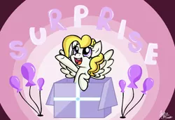 Size: 1257x859 | Tagged: safe, artist:pinkiepie6680, derpibooru import, surprise, pony, balloon, box, pony in a box, solo