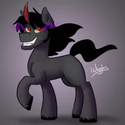 Size: 500x500 | Tagged: safe, artist:wiggles, derpibooru import, king sombra, pony, unicorn, alternate hairstyle, evil grin, gradient background, gray background, grin, handsome, looking at you, majestic, male, raised hoof, signature, simple background, smiling, smirk, solo, sombra eyes, stallion, stupid sexy sombra, unshorn fetlocks