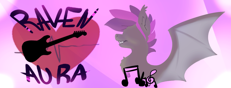 Size: 999x382 | Tagged: safe, artist:metro scrunch, derpibooru import, oc, oc:raven aura, unofficial characters only, bat pony, pony, abstract background, bat wings, cutie mark, guitar, music, music notes, solo, spiky mane, wings