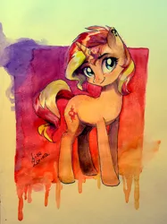 Size: 1280x1709 | Tagged: safe, artist:sapraitlond, derpibooru import, sunset shimmer, pony, unicorn, abstract background, backwards cutie mark, ear piercing, piercing, smiling, solo, traditional art, watercolor painting