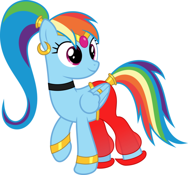 Size: 6882x6400 | Tagged: safe, artist:parclytaxel, derpibooru import, rainbow dash, genie, pegasus, pony, ain't never had friends like us, .svg available, absurd resolution, alternate hairstyle, armband, circlet, clothes, collar, ear piercing, earring, feather ring, female, gem, jewelry, leg brace, looking back, mare, piercing, ponytail, rainbow dash always dresses in style, ring, shantae, shantae (character), shoes, simple background, smiling, solo, tail wrap, transparent background, vector, wing jewelry