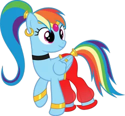 Size: 6882x6400 | Tagged: safe, artist:parclytaxel, derpibooru import, rainbow dash, genie, pegasus, pony, ain't never had friends like us, .svg available, absurd resolution, alternate hairstyle, armband, circlet, clothes, collar, ear piercing, earring, feather ring, female, gem, jewelry, leg brace, looking back, mare, piercing, ponytail, rainbow dash always dresses in style, ring, shantae, shantae (character), shoes, simple background, smiling, solo, tail wrap, transparent background, vector, wing jewelry