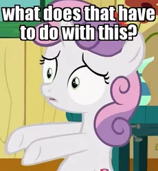 Size: 437x475 | Tagged: safe, derpibooru import, edit, edited screencap, screencap, sweetie belle, pony, the fault in our cutie marks, confused, cropped, image macro, meme, reaction image, solo
