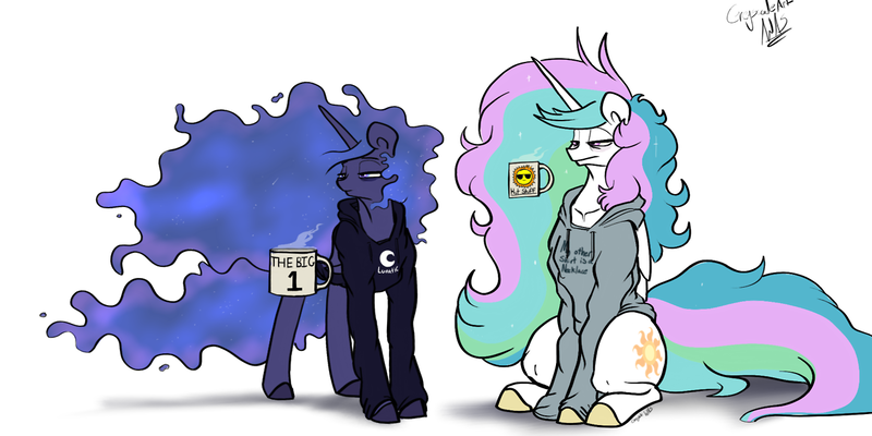 Size: 1280x640 | Tagged: safe, artist:greyscaleart, derpibooru import, princess celestia, princess luna, alicorn, pony, bed mane, clothes, coffee, coffee mug, hoodie, lidded eyes, magic, messy mane, missing accessory, morning ponies, mug, royal sisters, simple background, sitting, telekinesis, tired, white background