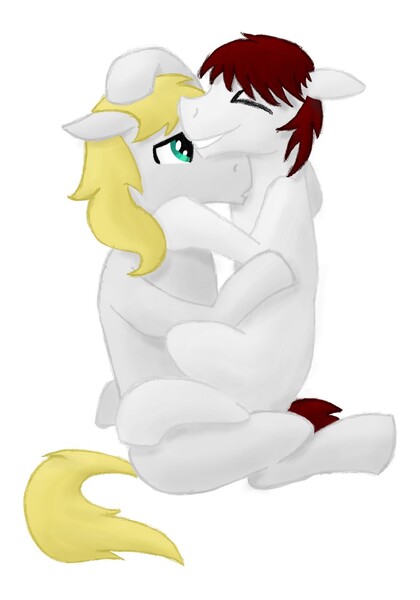 Size: 896x1280 | Tagged: safe, artist:chronicle23, artist:cloppershy, derpibooru import, oc, oc:lucky stone, unofficial characters only, pony, blank flank, cuddling, lap sitting, male, simple background, stallion, white background