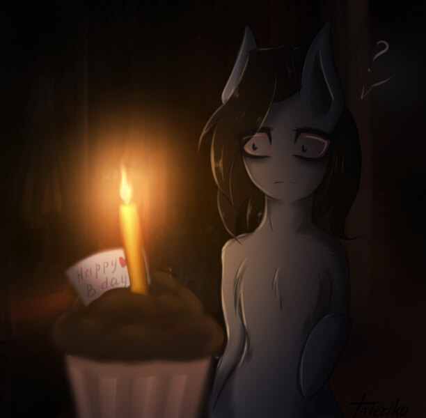 Size: 2177x2133 | Tagged: safe, artist:taleriko, derpibooru import, oc, oc:taleriko, unofficial characters only, anthro, earth pony, unguligrade anthro, arm hooves, candle, chest fluff, dark background, darkness, dim light, female, food, muffin, question mark, rcf community, solo