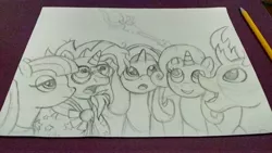 Size: 3328x1872 | Tagged: safe, artist:pokecure123, derpibooru import, maud pie, starlight glimmer, sunburst, thorax, trixie, changedling, changeling, pony, unicorn, female, king thorax, mare, paper, sketch, traditional art, wand, wip