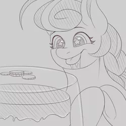 Size: 1280x1280 | Tagged: safe, artist:askamberfawn, derpibooru import, oc, oc:vanilla mochi, unofficial characters only, pony, bits, cake, drool, food, monochrome, solo, starry eyes, tongue out, wingding eyes