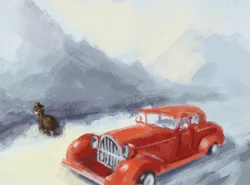 Size: 810x600 | Tagged: safe, artist:adeptus-monitus, derpibooru import, earth pony, pony, 1920s, car, clothes, coat, hat, hot rod, noir, smoke, snow, solo, winter