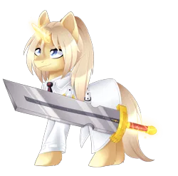 Size: 2251x2222 | Tagged: safe, artist:scarlet-spectrum, derpibooru import, oc, oc:arthur, unofficial characters only, pony, clothes, commission, glowing horn, long mane, magic, male, simple background, solo, stallion, sword, transparent background, weapon