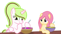 Size: 2496x1404 | Tagged: safe, artist:duyguusss, derpibooru import, oc, oc:dakota chaos, oc:sugar sprinkles, unofficial characters only, alicorn, pony, base used, batter, bowl, female, food, mare, simple background, transparent background