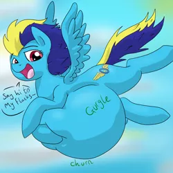 Size: 2500x2500 | Tagged: grimdark, suggestive, artist:dudey64, derpibooru import, oc, oc:blue angel, unofficial characters only, pegasus, pony, belly, digestion, fetish, flying, huge belly, solo, stomach noise, vore