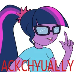 Size: 1306x1236 | Tagged: safe, artist:slamjam, derpibooru import, sci-twi, twilight sparkle, equestria girls, 4chan, actually, clothes, drawthread, female, glasses, meme, ponified meme, shirt, simple background, solo, tongue out, white background