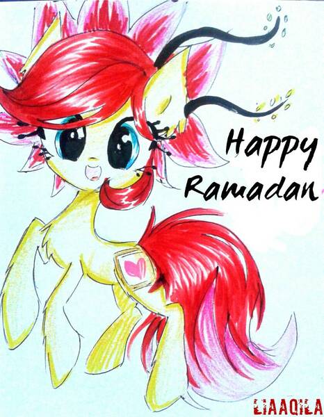 Size: 839x1080 | Tagged: safe, artist:liaaqila, derpibooru import, oc, oc:rosa blossomheart, unofficial characters only, pony, fasting, happy, looking at you, malaysia, ramadan, simple background, solo, traditional art, white background