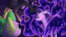 Size: 1920x1080 | Tagged: safe, artist:ebonytails, derpibooru import, applejack, spike, starlight glimmer, tantabus, twilight sparkle, twilight sparkle (alicorn), alicorn, dragon, pony, crying, dark magic, darkness, magic, nightmare