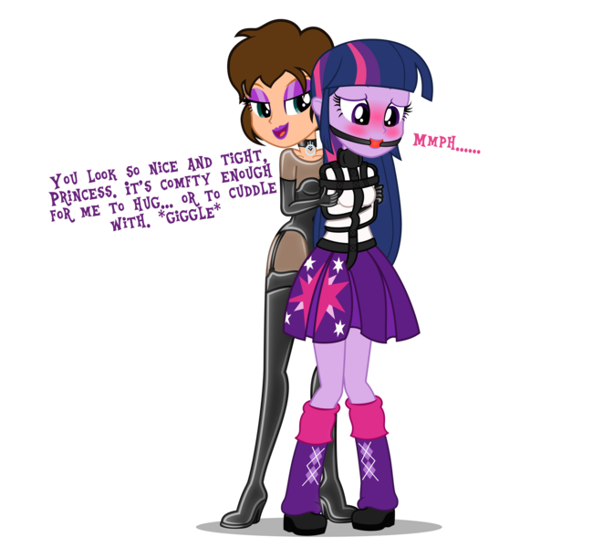 Size: 3303x3000 | Tagged: questionable, alternate version, artist:applec1234, deleted from derpibooru, derpibooru import, twilight sparkle, oc, oc:chloe adore, equestria girls, ballgag, blushing, bondage, boots, breasts, clothes, collar, equestria girls-ified, evening gloves, female, femdom, femsub, gag, garter belt, gloves, leg warmers, long gloves, muffled moaning, pleated skirt, shoes, simple background, skirt, skirt lift, speech, straitjacket, submissive, thigh boots, transparent background