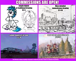 Size: 1280x1024 | Tagged: safe, artist:agm, derpibooru import, apple bloom, scootaloo, sweetie belle, twilight sparkle, vinyl scratch, oc, pony, car, commission info, cutie mark crusaders, desert, digital art, forest, monochrome, prices, railroad, traditional art