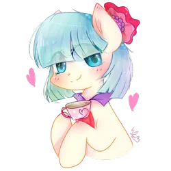 Size: 1000x1000 | Tagged: safe, artist:windymils, derpibooru import, coco pommel, earth pony, pony, bangs, blushing, bust, cocobetes, cup, cute, female, food, hair over eyes, heart, hoof hold, looking at you, mare, portrait, simple background, smiling, solo, tea, teacup, transparent background